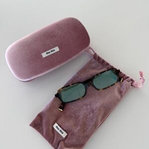 Miu Miu Tortoiseshell Rectangular Sunglasses with Dusty Rose Velvet Case